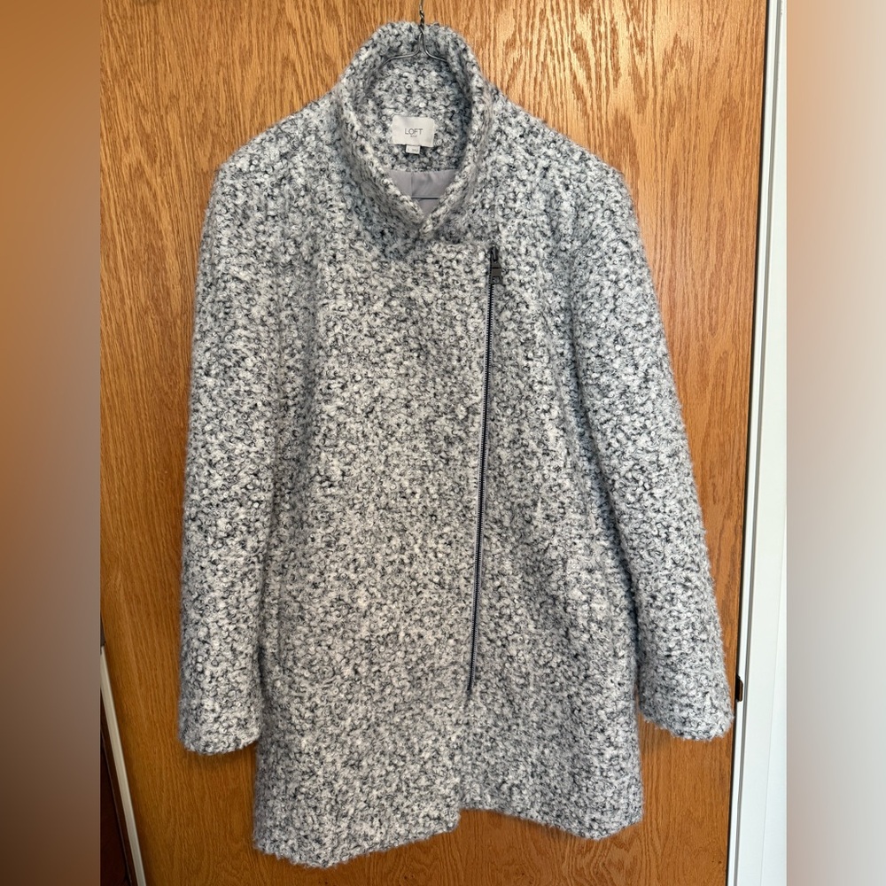 Loft Salt and Pepper Boucle Coat, Asymmetrical Zipper, Size L - Picture 2 of 8